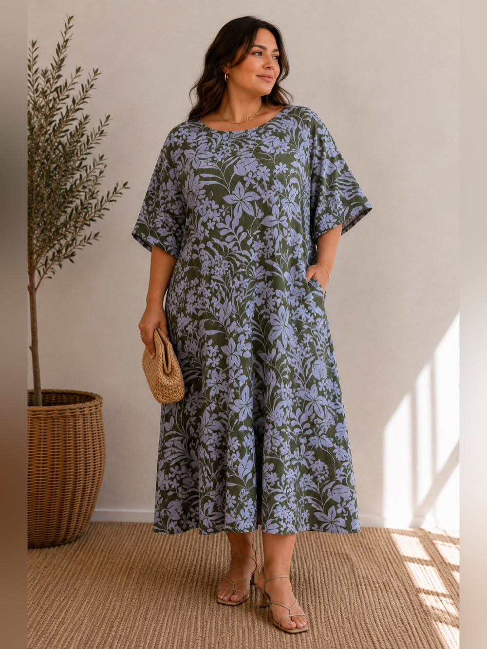 Linen Maxi Dress Olive Green with Lavender Floral Print